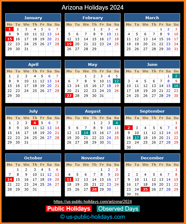 Arizona Holiday Calendar 2024